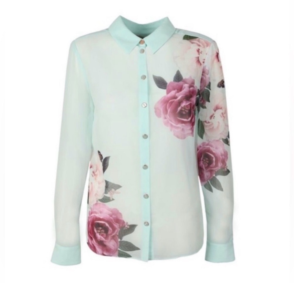 NWT Ted Baker Sheer Floral Button-Down Blouse - Light Blue/Pink - Picture 14 of 15